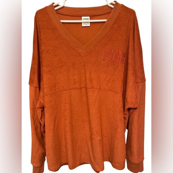 Victoria’s Secret PINK  Orange Sweatshirt Varsity Terry V-Neck Oversized - Picture 1 of 6
